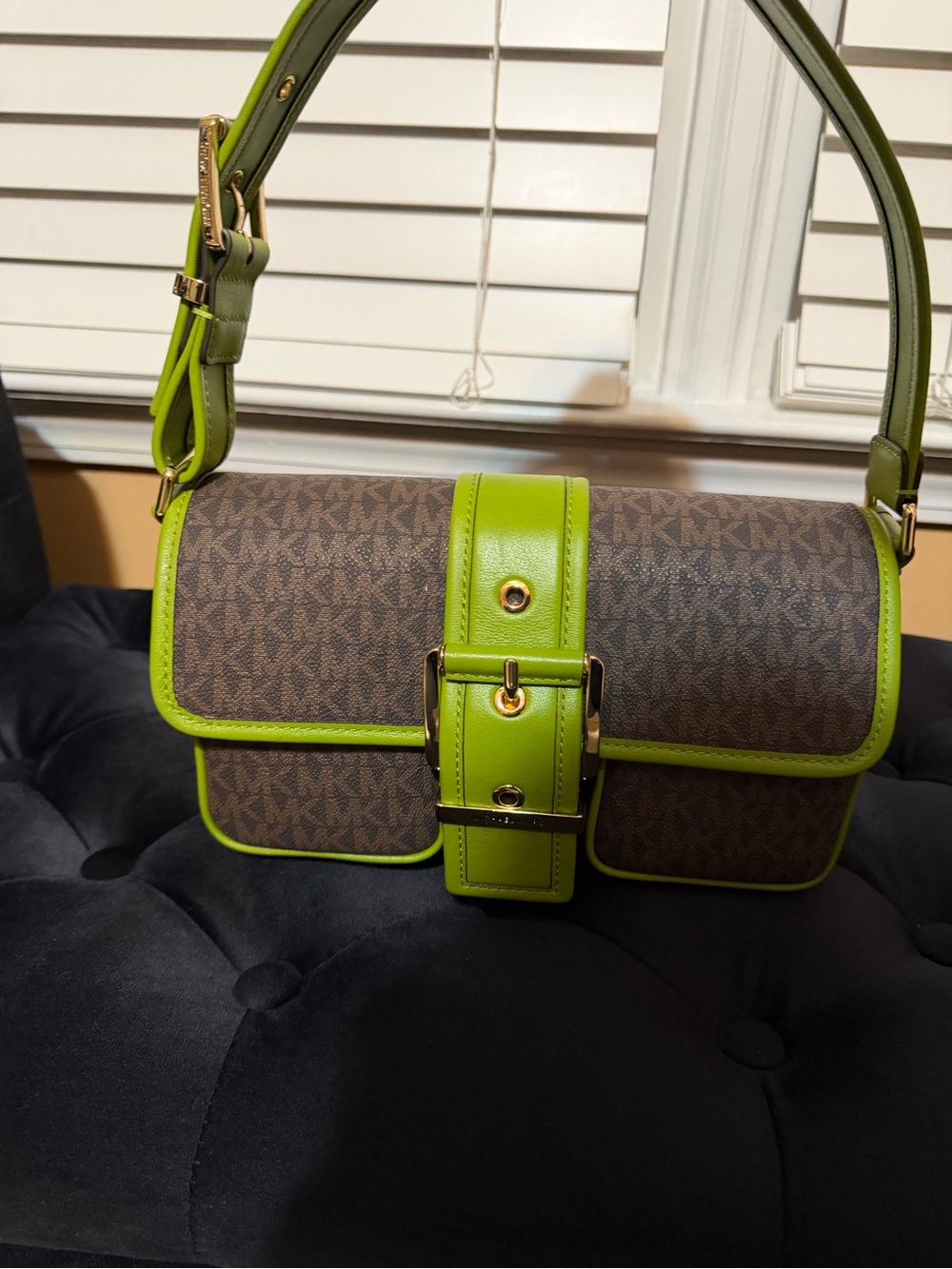 Michael Kors Brown Monogram Shoulder Bag with Lime Green Trim